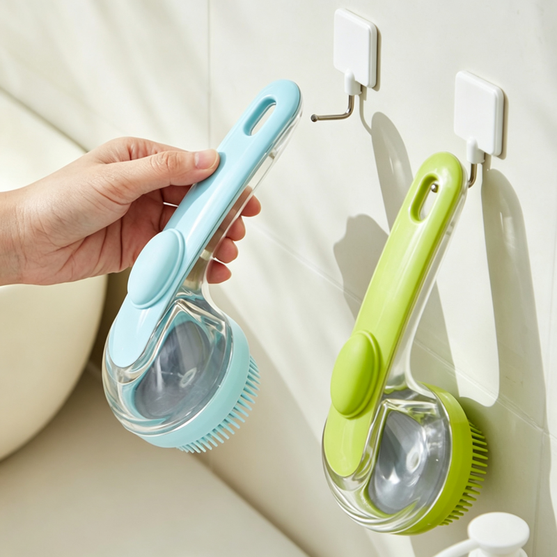 Multifunctional Press Liquid Dispensing Pet Bath Brush Soft Silicone Bristles Dog Cat Shower Grooming Brush Hanging Design Easy Clean Pet Washing Tool