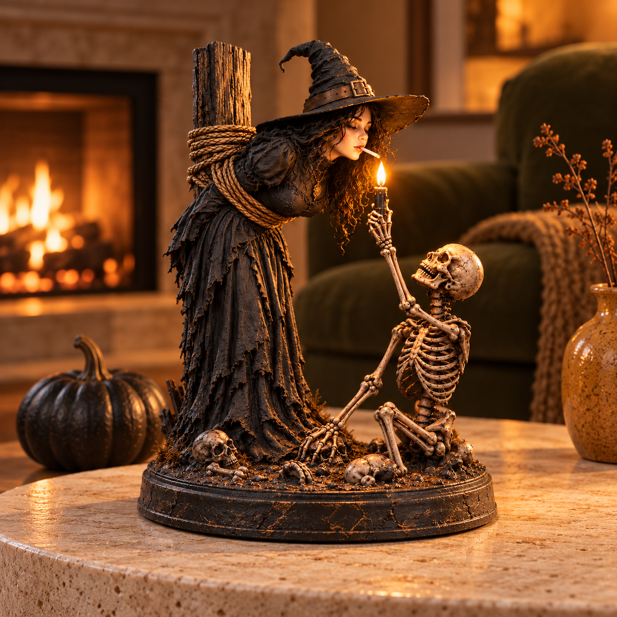 ⏳ 🖤 Light-Up Witch & Skeleton Gothic Figurine | Dark Halloween Tabletop Scene with Glowing Flame Detail 🔥