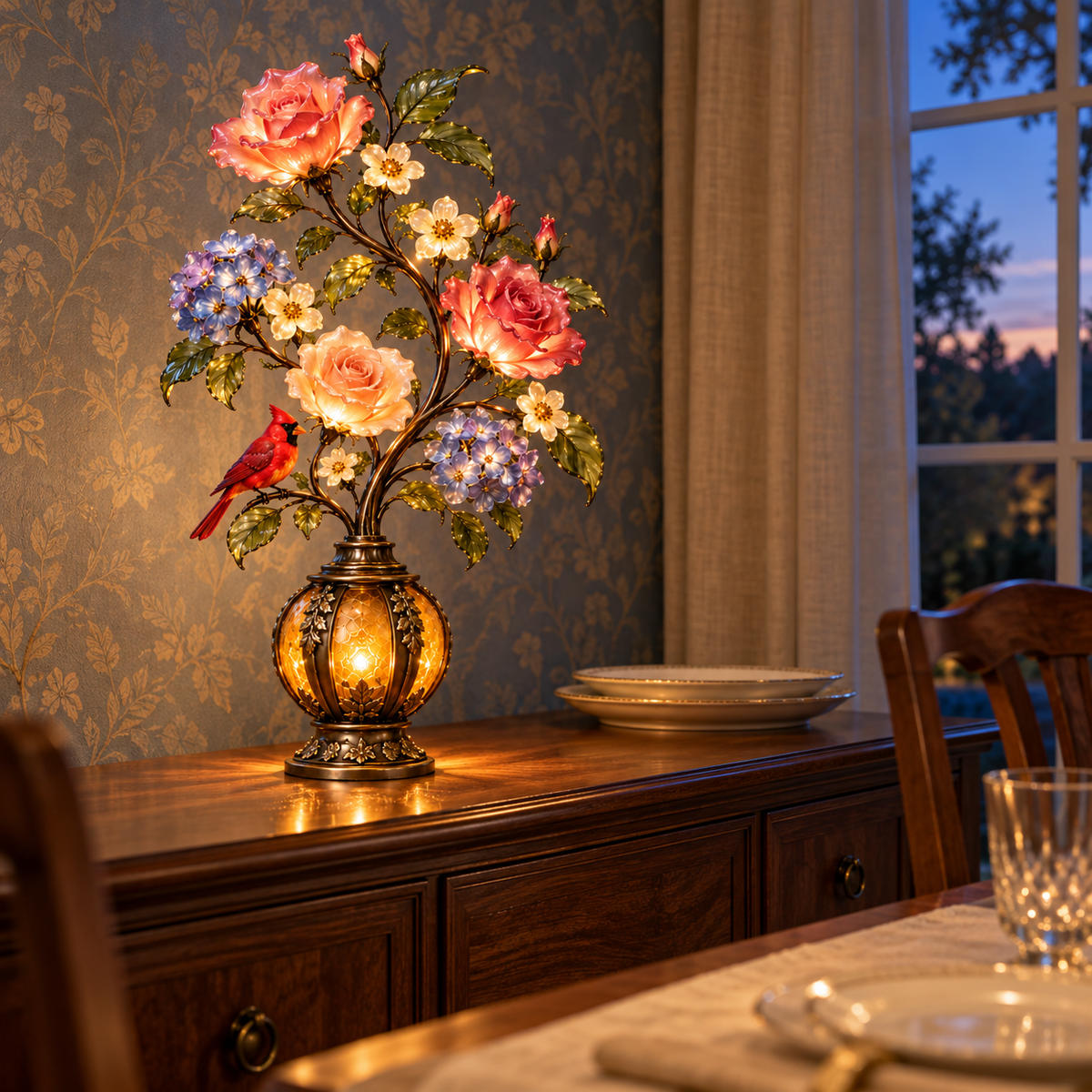🌹The Secret Garden – Vintage Rose & Cardinal Table Lamp 🐦