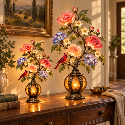 🌹The Secret Garden – Vintage Rose & Cardinal Table Lamp 🐦