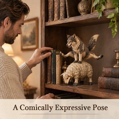 Funny Wolf Riding Sheep Figurine 🐺🐑 – Whimsical Rustic Farmhouse Animal Decor