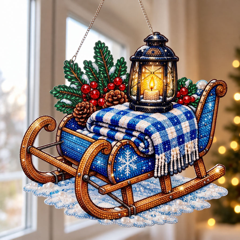 Cozy Winter Sleigh Diamond Art Ornament Kit – Sparkling DIY Christmas Hanging Decor
