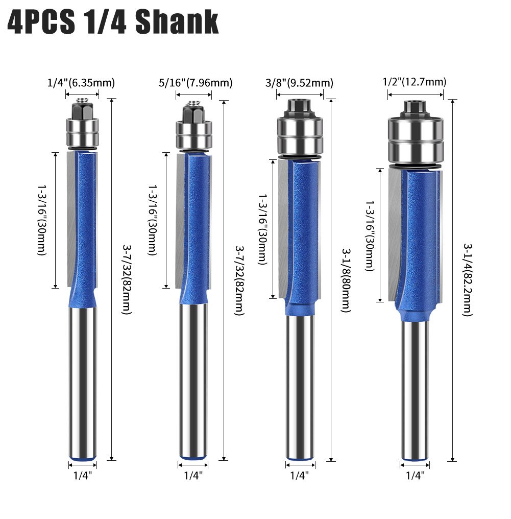 4 Piece Dual Bearing Flush Trim Router Bit Set, 1/4 Inch Shank Edge Trimming Tool for Woodworking, Deburring & Polishing