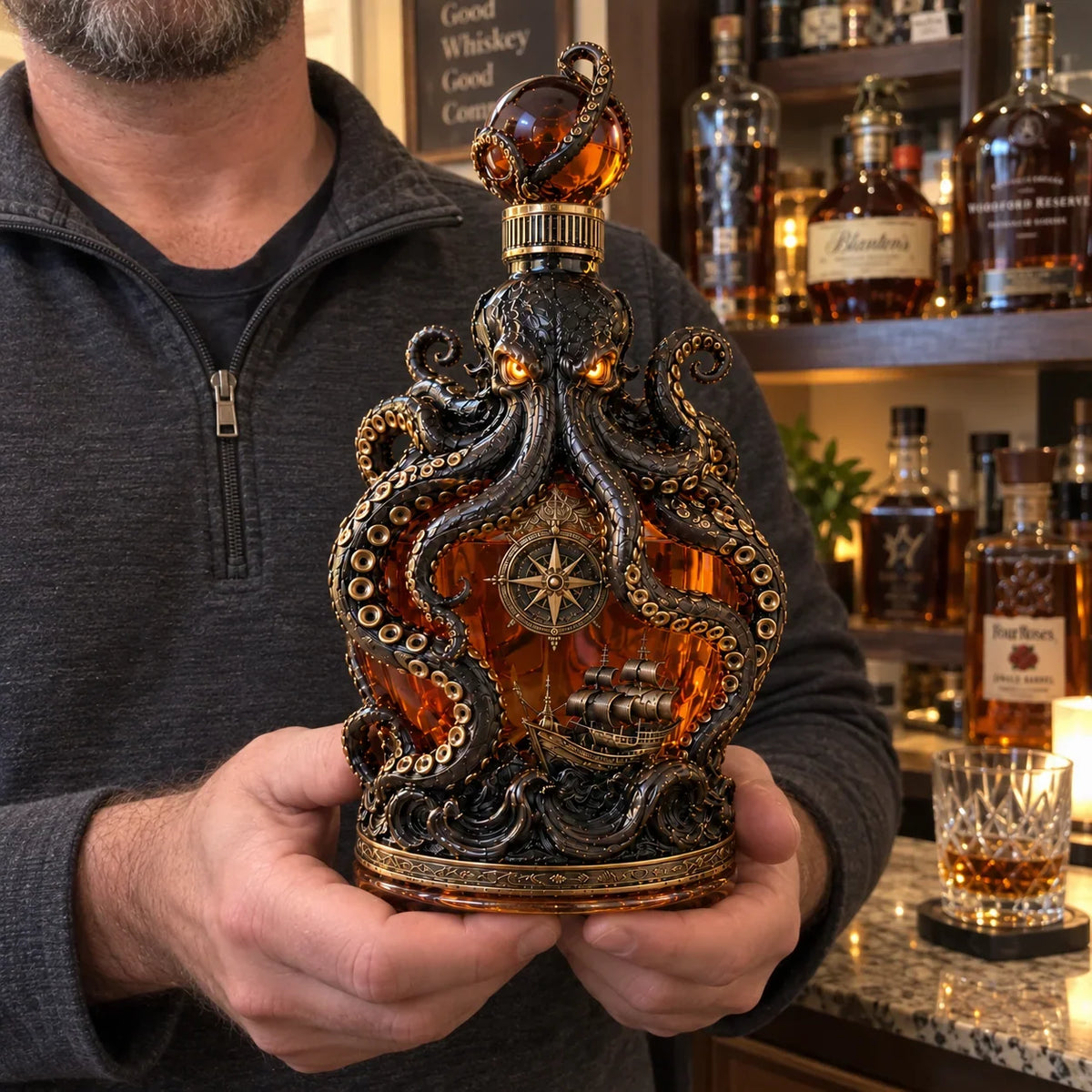 🔥LAST DAY 49% OFF -🐙kraken Voyage Octopus Whiskey Decanter | Gothic Nautical Bar Centerpiece