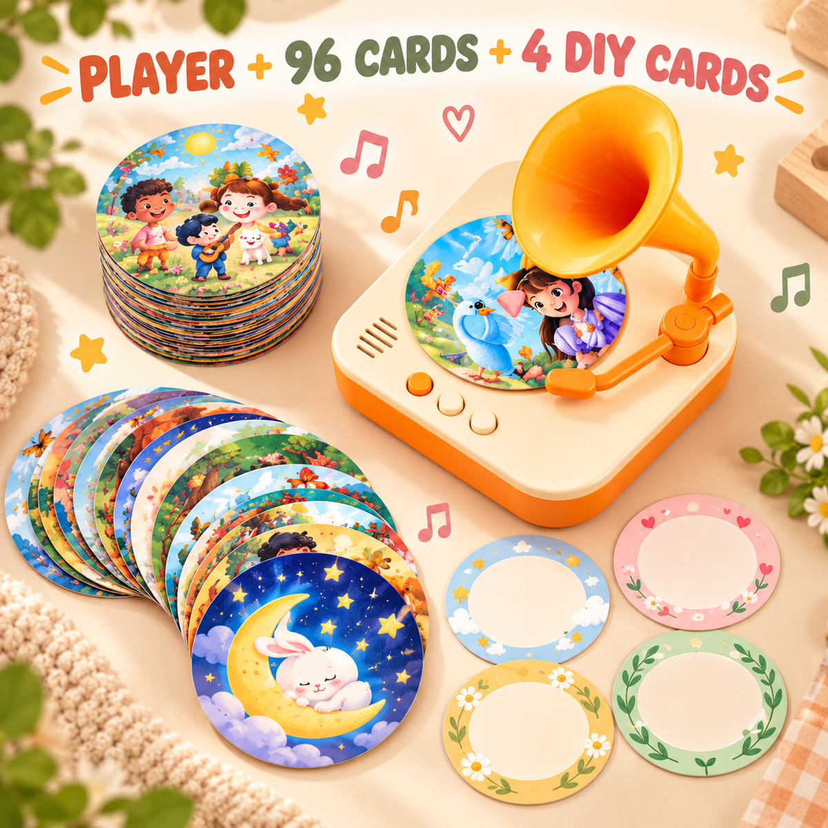Screen-Free Story & Music Player for Kids – 96 Audio Cards & 4 DIY Recording Cards