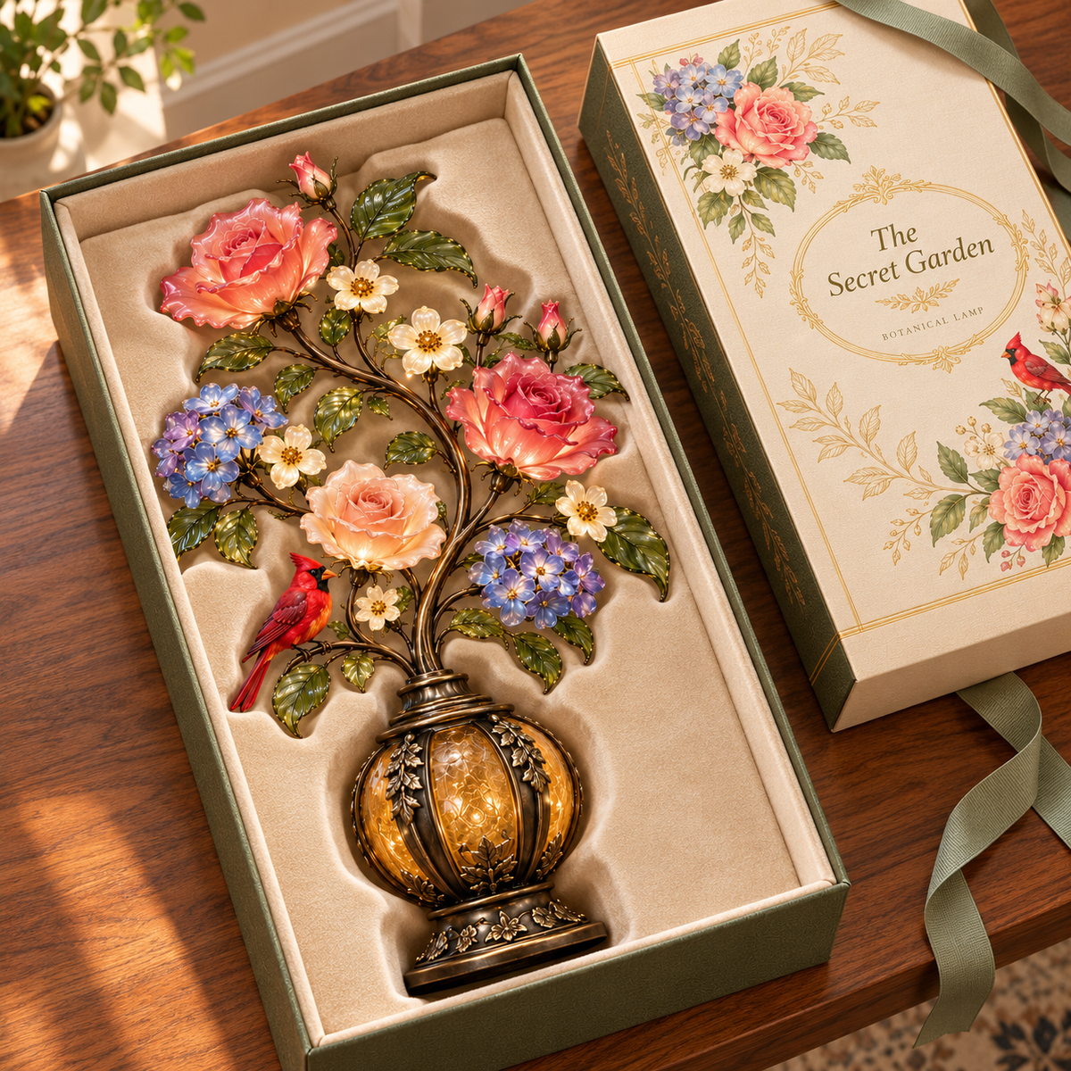 🌹The Secret Garden – Vintage Rose & Cardinal Table Lamp 🐦
