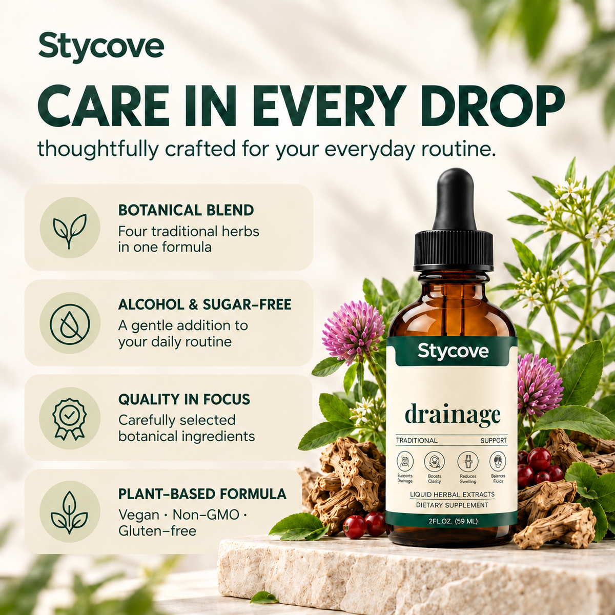 Stycove Lymphatic Drainage Drops | 4-Botanical Daily Lymphatic Support, Alcohol-Free & Vegan, 2 Fl Oz