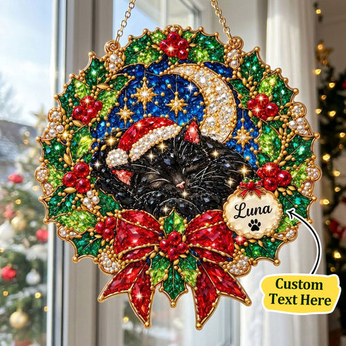 Personalized Christmas Moonlight Black Cat Diamond Art Hanging Ornament Kit