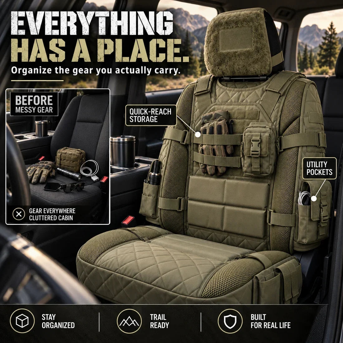 🚙 Durable Tactical Truck Seat Cover✨ Storage, Protection & All-Day Comfort