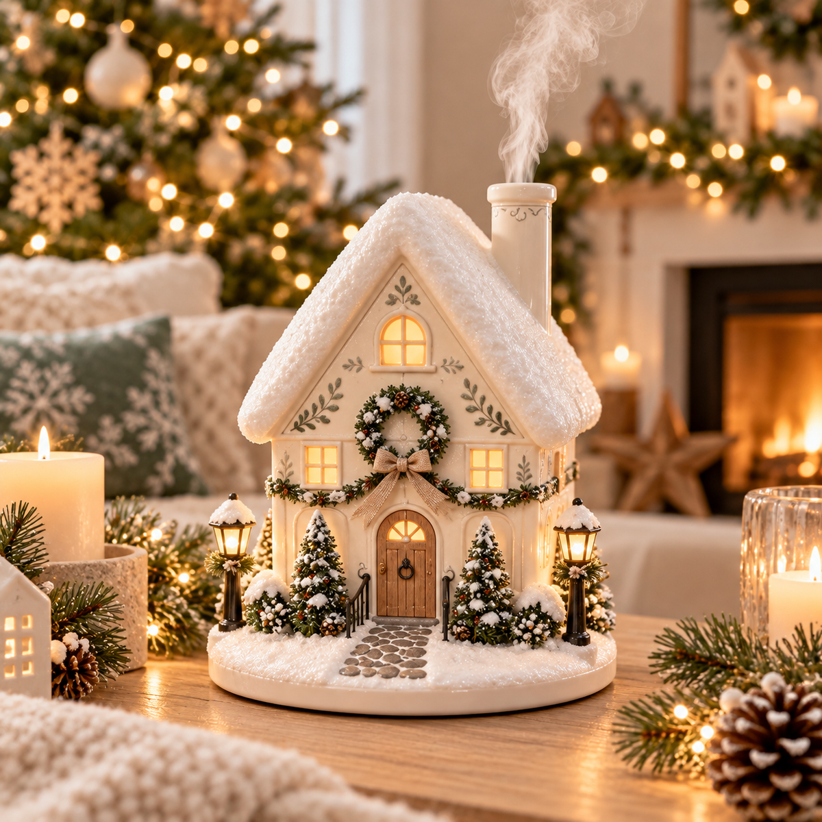 🎄 Christmas Village Aroma Diffuser – Glowing Holiday House with Chimney Mist & Essential Oil Scent