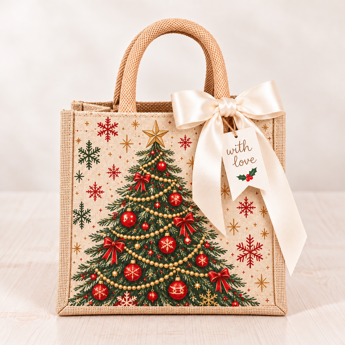 Vintage Christmas Burlap Gift Tote Bag