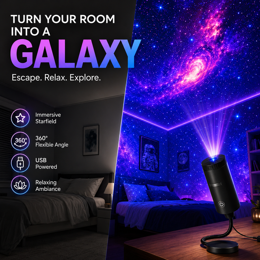USB galaxy star projector with flexible neck in a bedroom