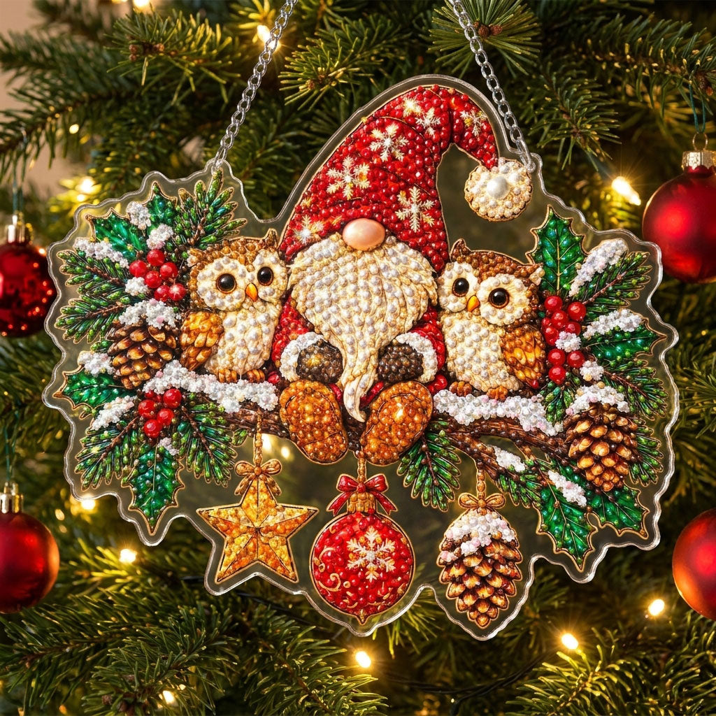 Christmas Gnome And Owls Diamond Art Hanging Ornament Kit