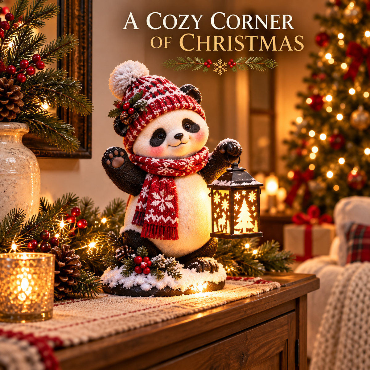 Merry Panda Lantern – Light-Up Christmas Panda Figurine