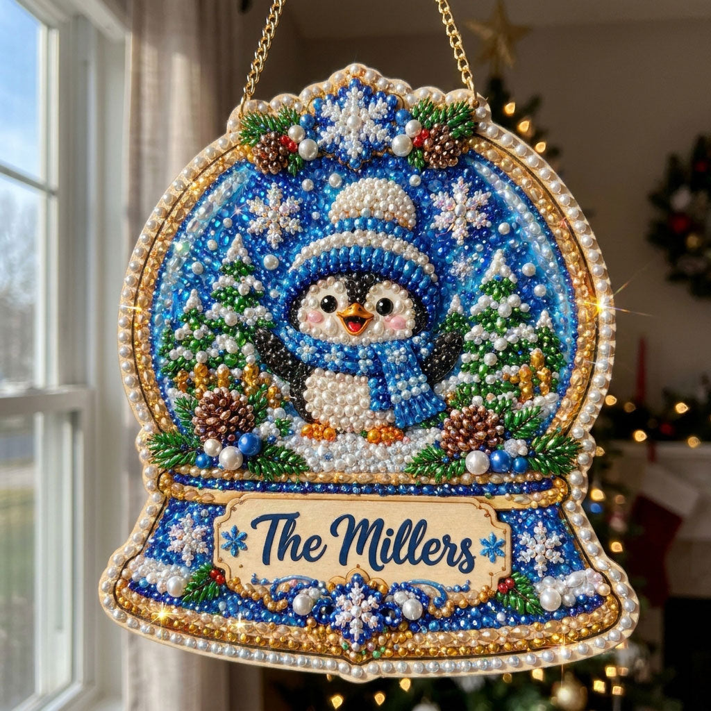 Personalized Penguin Snow Globe Diamond Art Hanging Ornament Kit