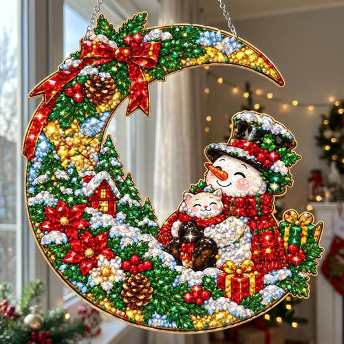 Cute Snowman with Kitten Diamond Art Hanging Ornament Kit