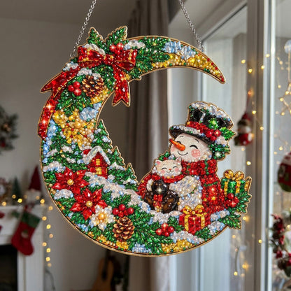 Cute Snowman with Kitten Diamond Art Hanging Ornament Kit