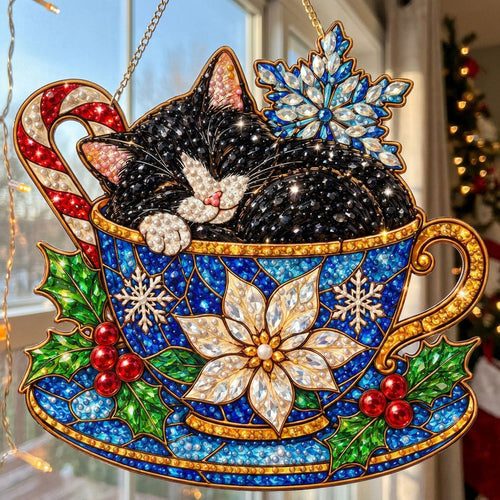 Christmas Sleeping Black Cat Teacup Diamond Art Hanging Ornament Kit