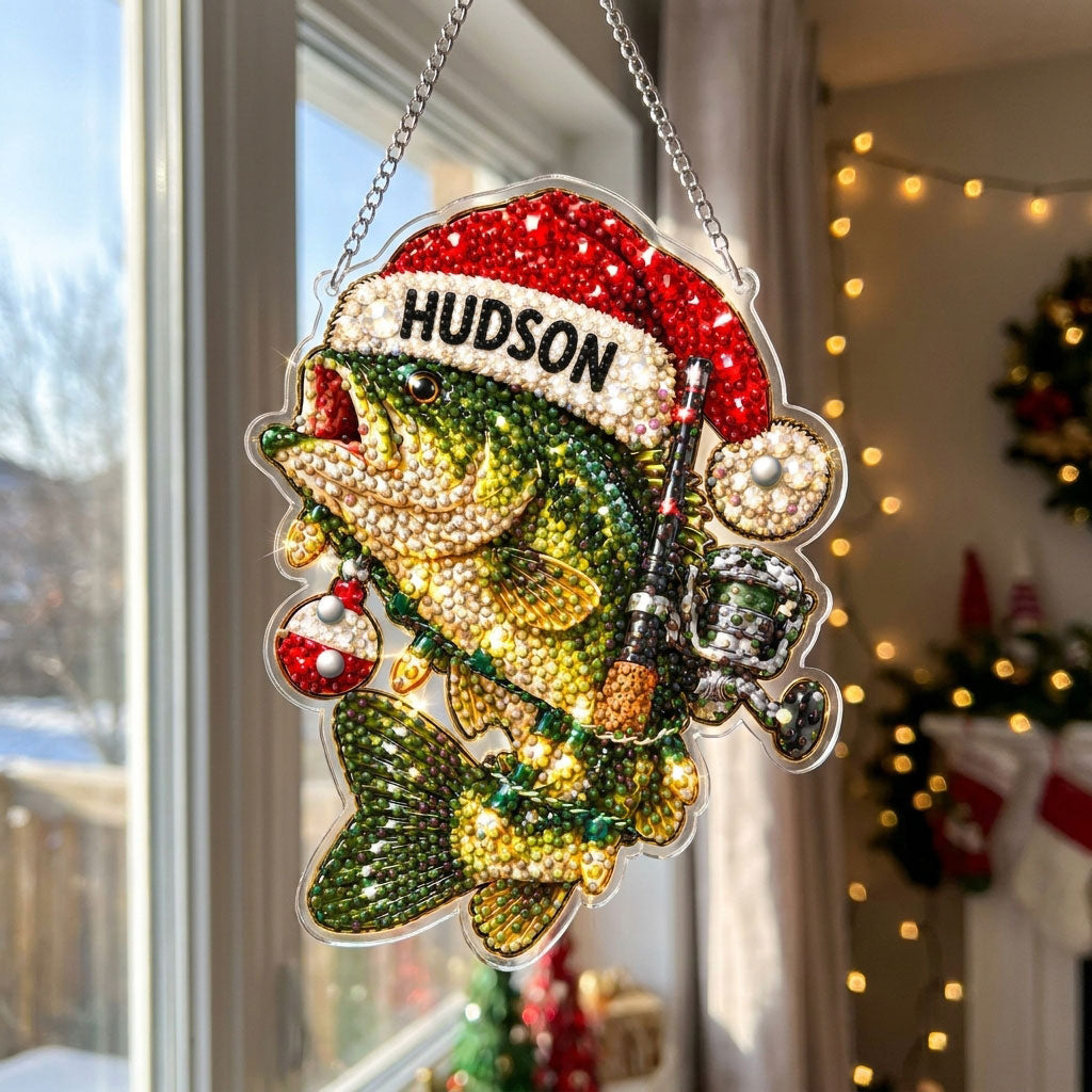 Personalized Santa Hat Bass Fish Diamond Art Hanging Ornament Kit