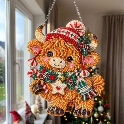 Cute Christmas Highland Cow Diamond Art Hanging Ornament Kit