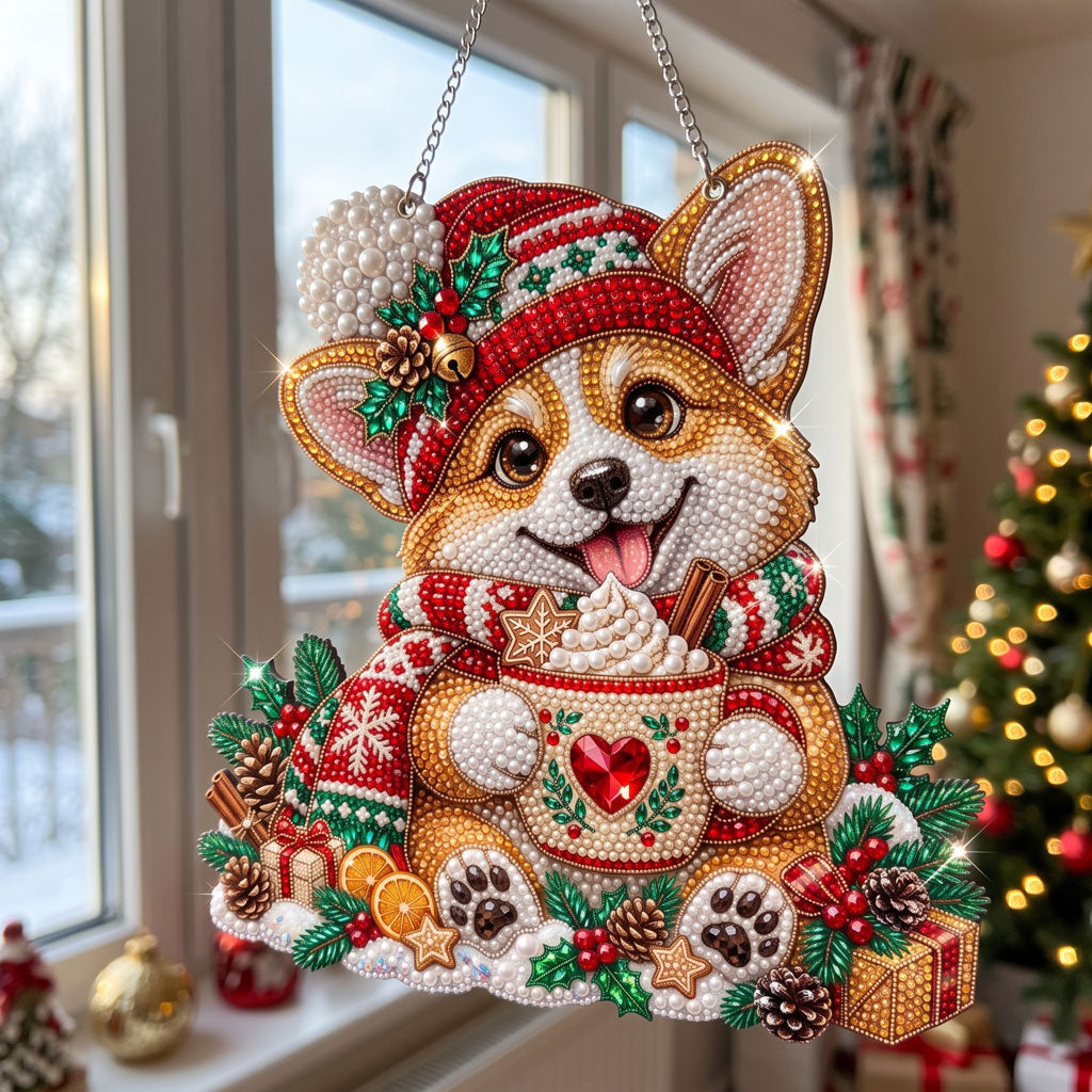 Christmas Corgi Cocoa Diamond Art Ornament Kit – Sparkling DIY Holiday Hanging Decor