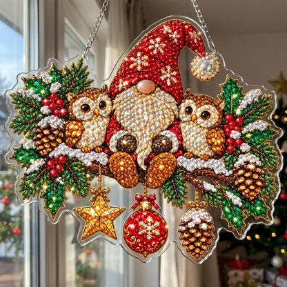 Christmas Gnome And Owls Diamond Art Hanging Ornament Kit