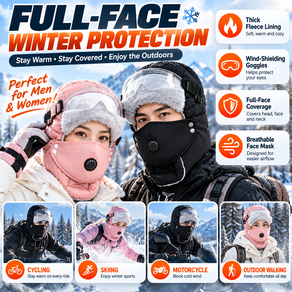❄️ Winter Fleece Balaclava Hat with Goggles – Full Face Wind Protection