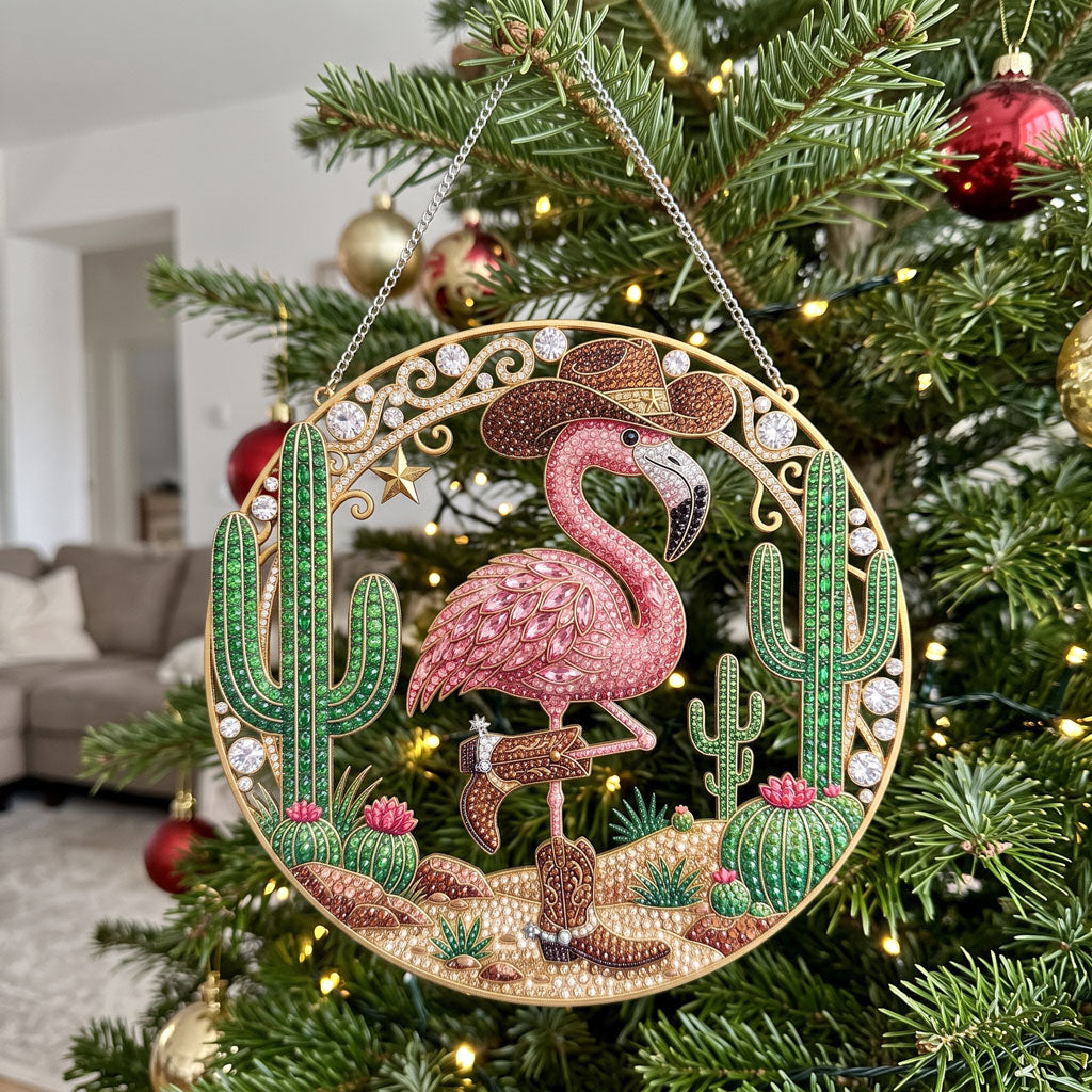 Western Cowgirl Flamingo Diamond Art Hanging Ornament Kit