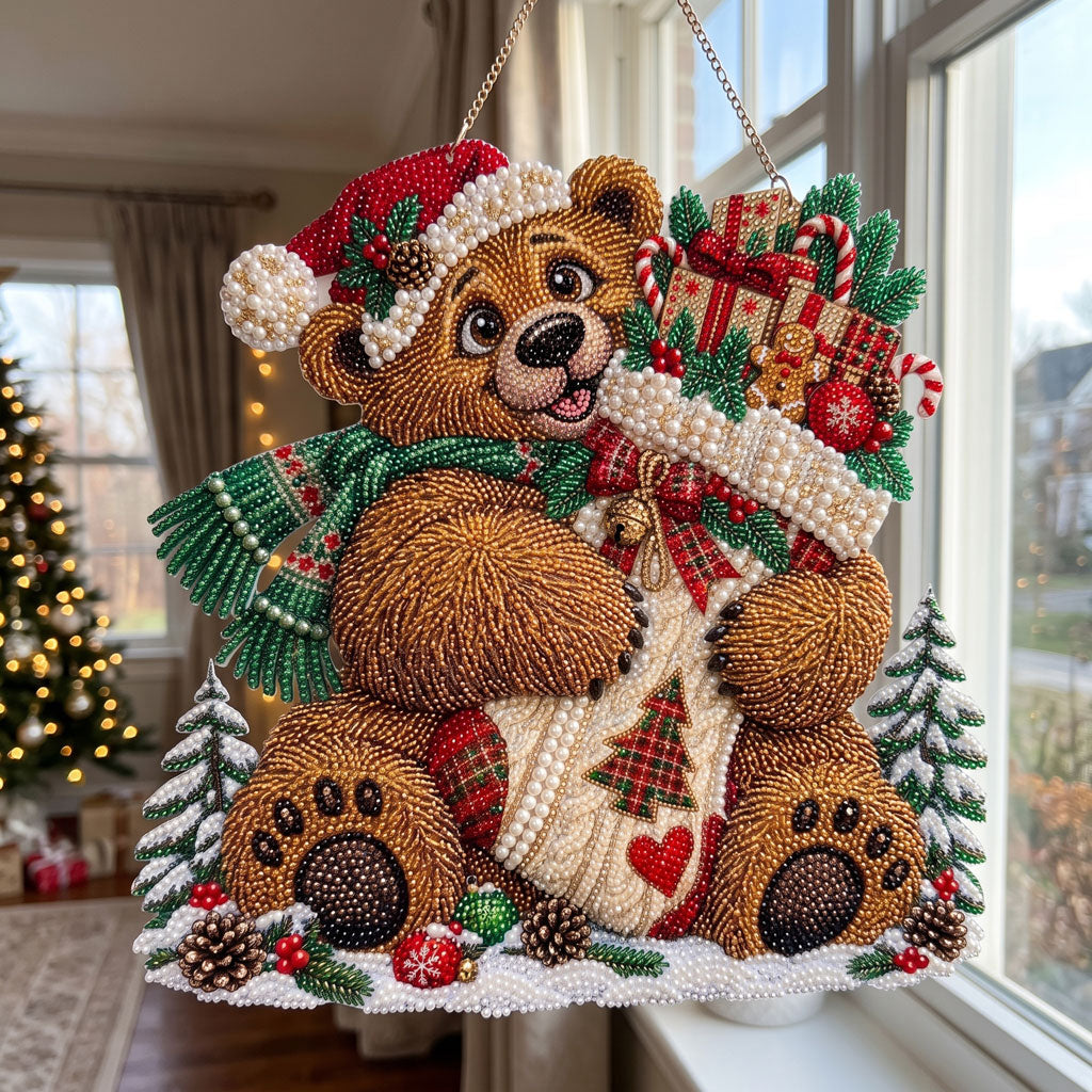 Christmas Stocking Bear Diamond Art Ornament Kit – Sparkling DIY Holiday Window Ornament