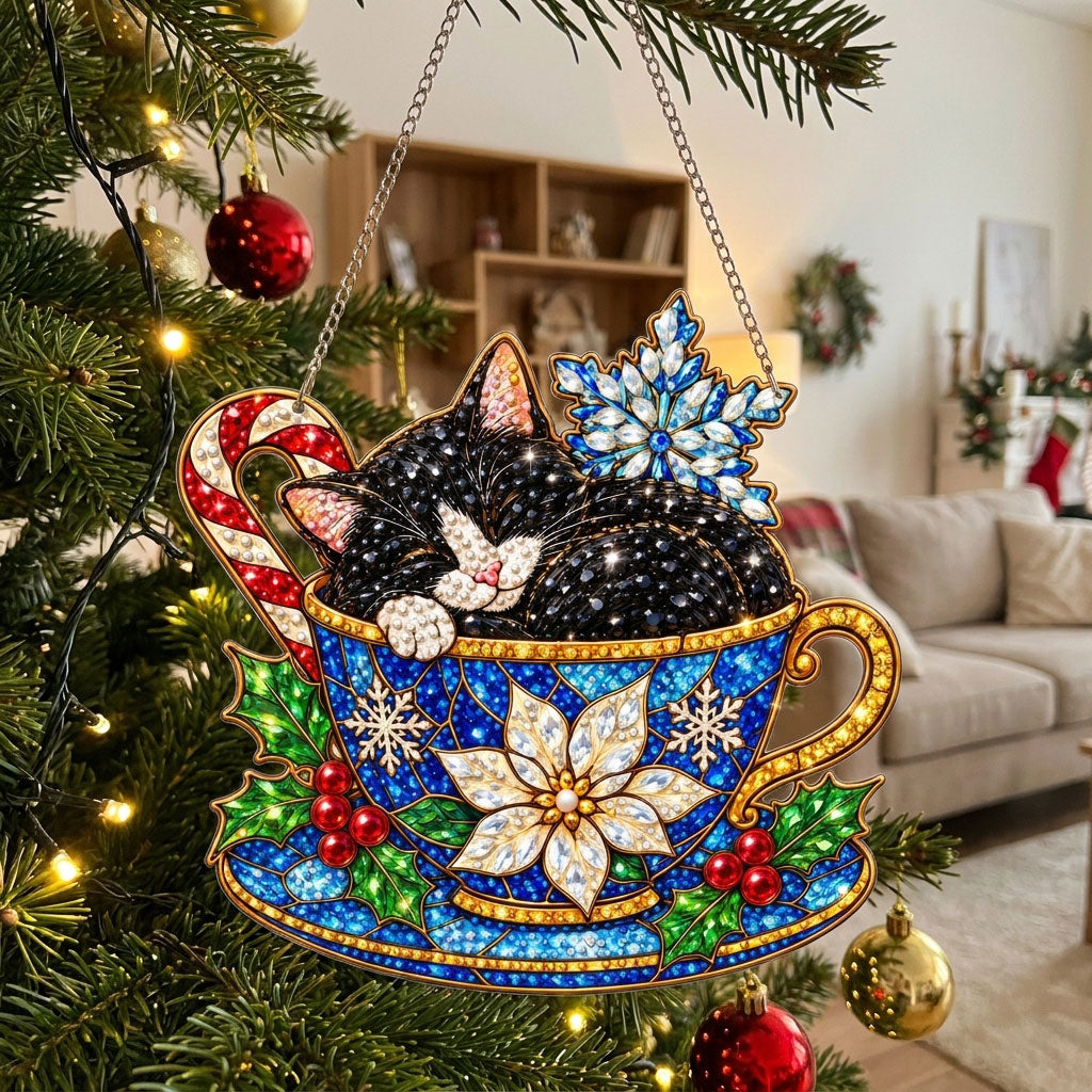 Christmas Sleeping Black Cat Teacup Diamond Art Hanging Ornament Kit