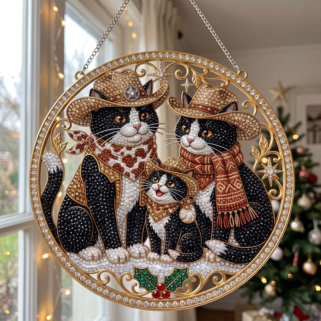 Western Cowboy Cat Family Diamond Art Ornament Kit – Sparkling DIY Country Christmas Decor