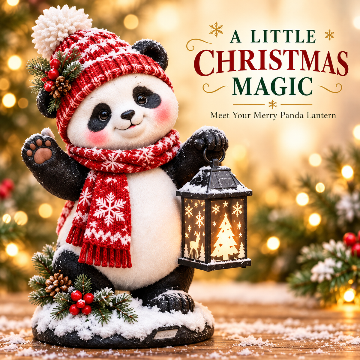 Merry Panda Lantern – Light-Up Christmas Panda Figurine