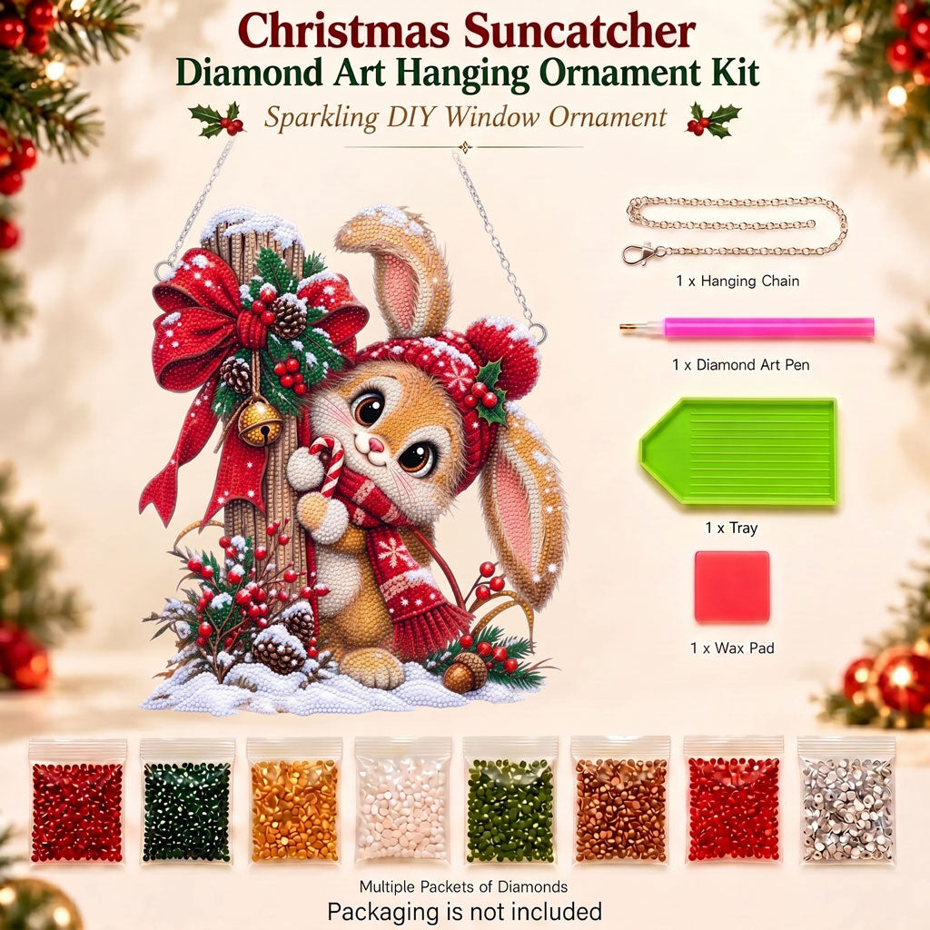🐰🎄 Christmas Bunny Door Diamond Art Ornament Kit – Sparkling DIY Holiday Hanging Decor