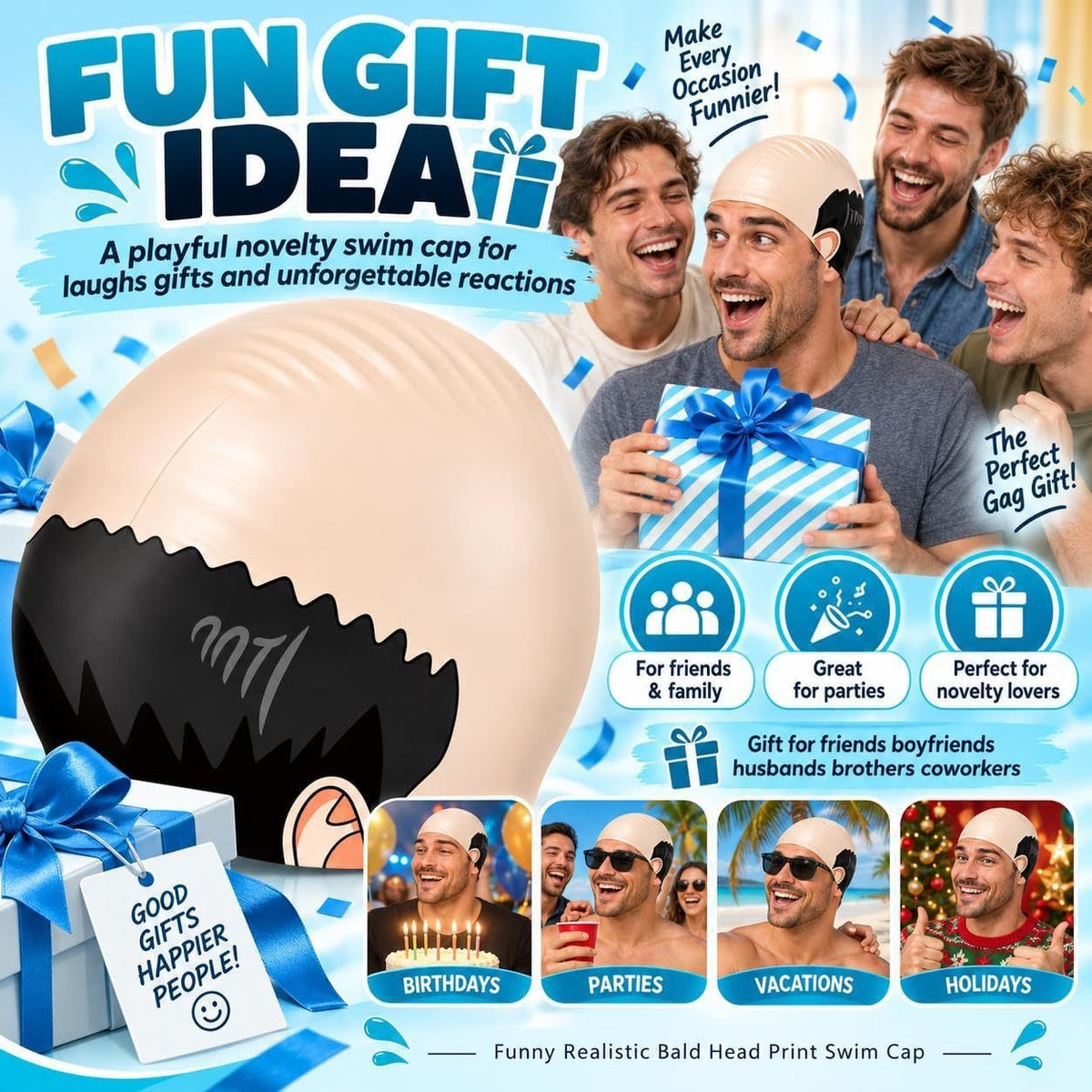 😂 Bald Guy Swim Cap – Realistic Bald Head Novelty Swimming Cap 💦