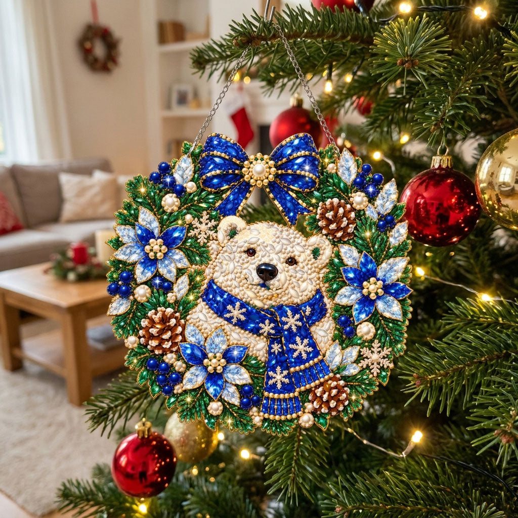 Winter Polar Bear Wreath Christmas Diamond Art Hanging Ornament Kit