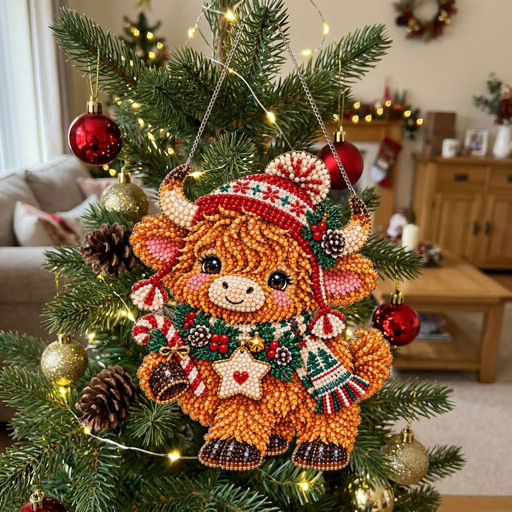 Cute Christmas Highland Cow Diamond Art Hanging Ornament Kit