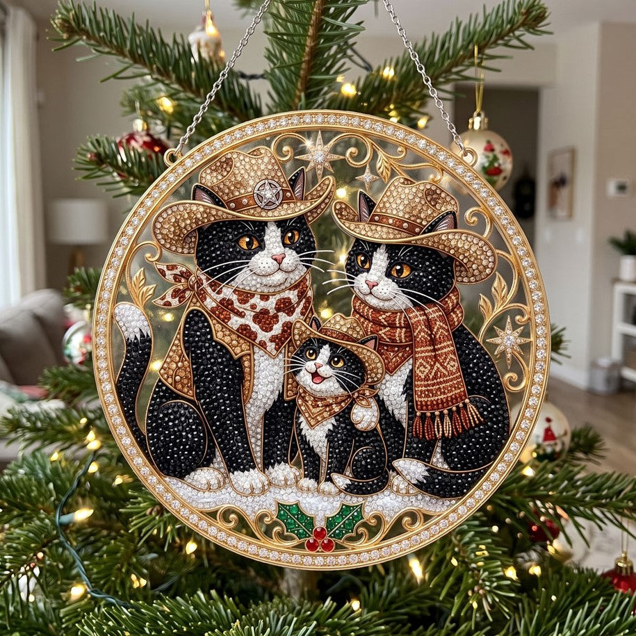 Western Cowboy Cat Family Diamond Art Ornament Kit – Sparkling DIY Country Christmas Decor