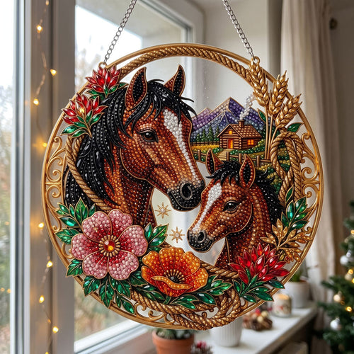 Horse & Foal Floral Diamond Art Ornament Kit – Sparkling DIY Country Hanging Decor