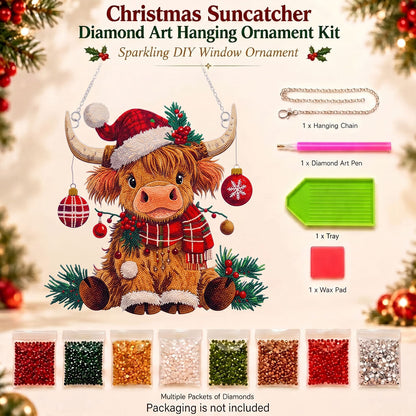 Christmas Highland Cow Diamond Art Ornament Kit – Sparkling DIY Window Hanging Decor