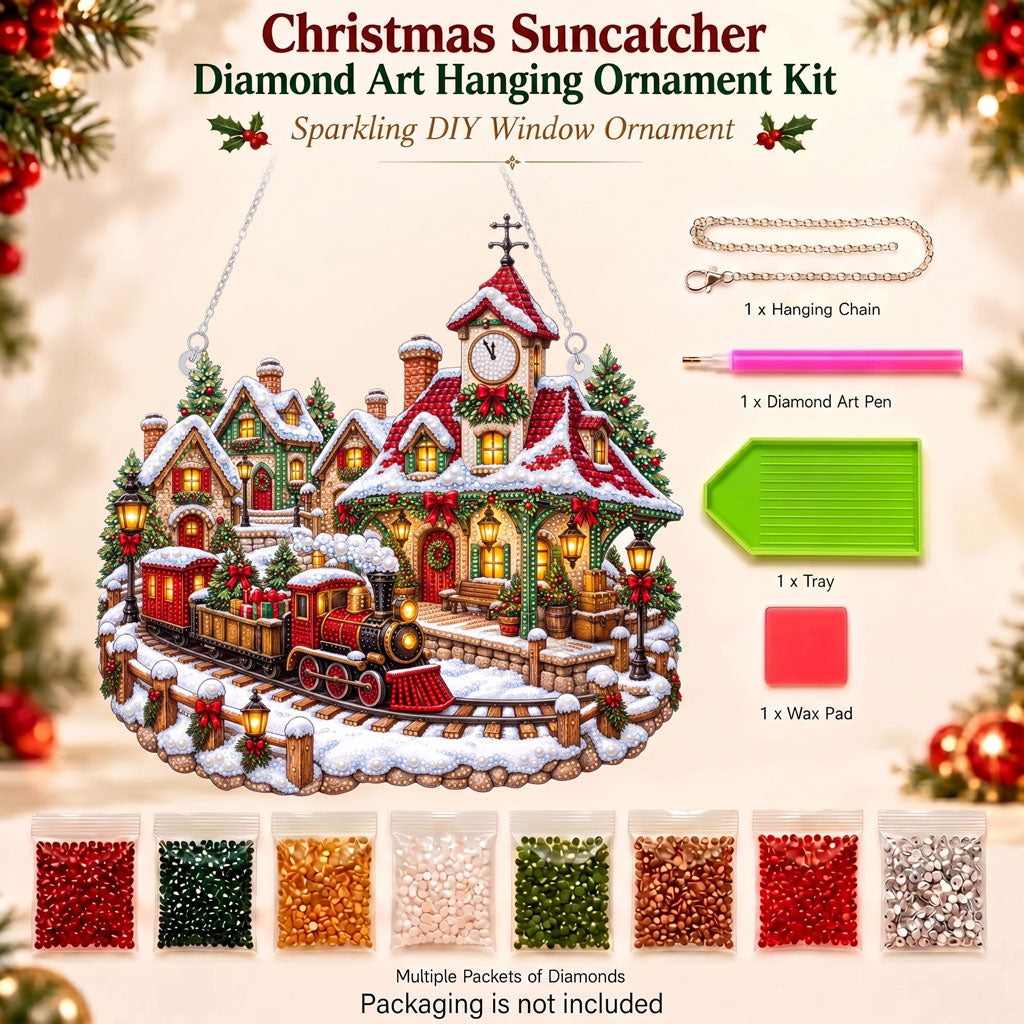 Christmas Village Train Diamond Art Ornament Kit – Sparkling DIY Winter Window Ornament