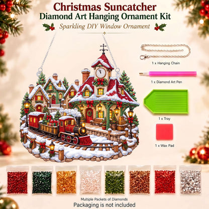 Christmas Village Train Diamond Art Ornament Kit – Sparkling DIY Winter Window Ornament