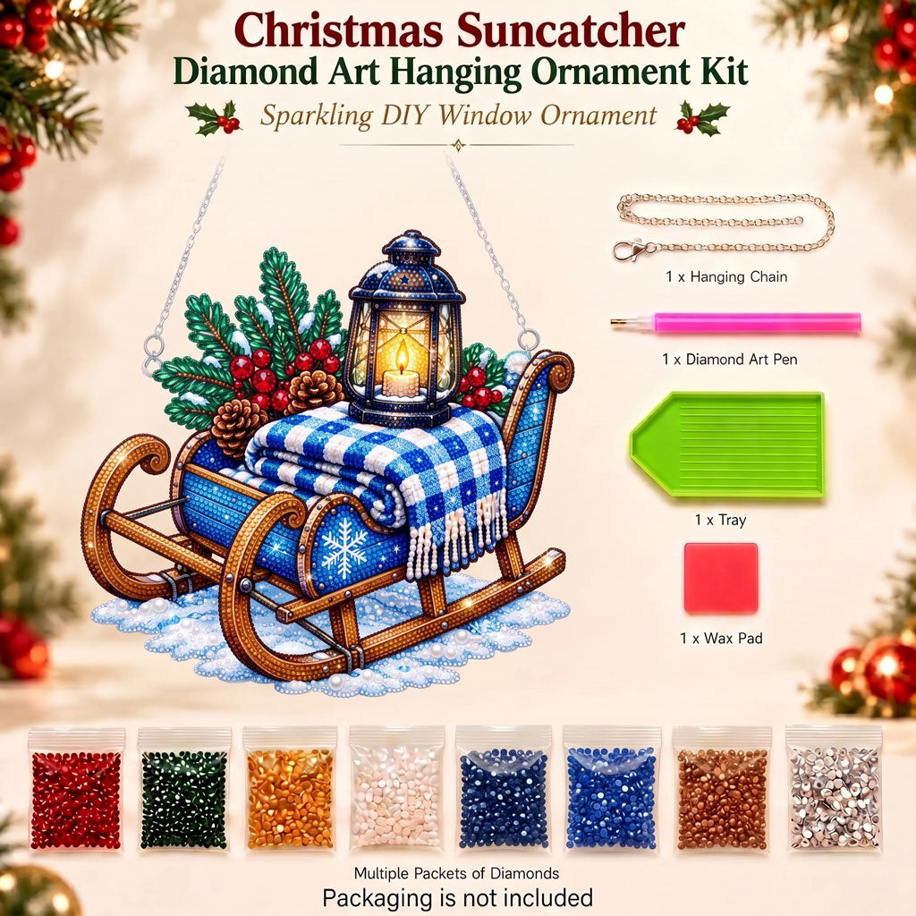 Cozy Winter Sleigh Diamond Art Ornament Kit – Sparkling DIY Christmas Hanging Decor