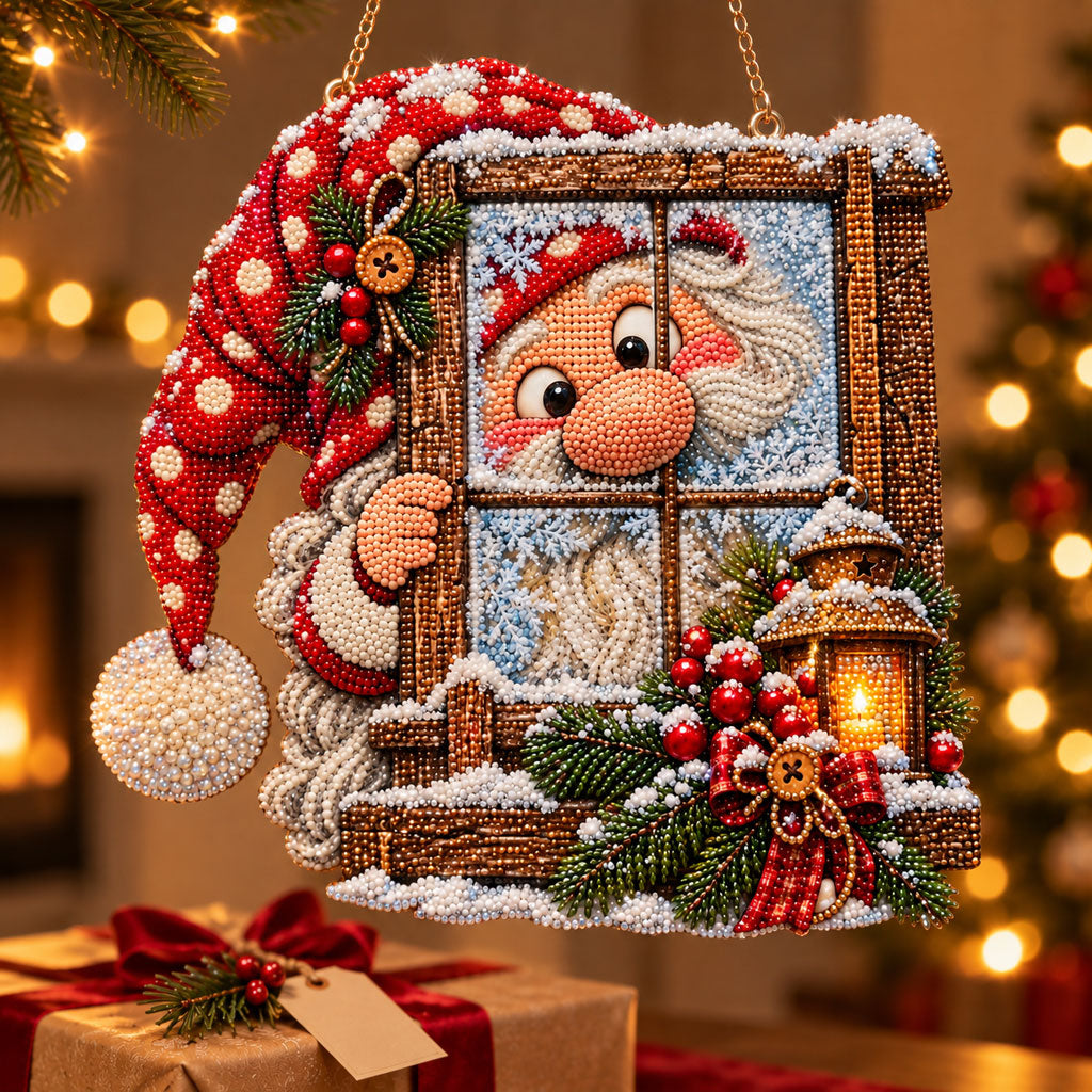 Frosted Window Santa Gnome Diamond Art Ornament Kit – Sparkling DIY Christmas Hanging Decor