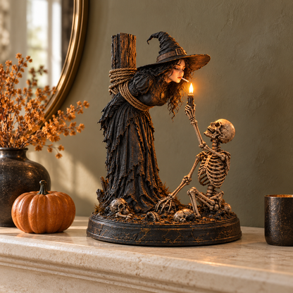 ⏳ 🖤 Light-Up Witch & Skeleton Gothic Figurine | Dark Halloween Tabletop Scene with Glowing Flame Detail 🔥