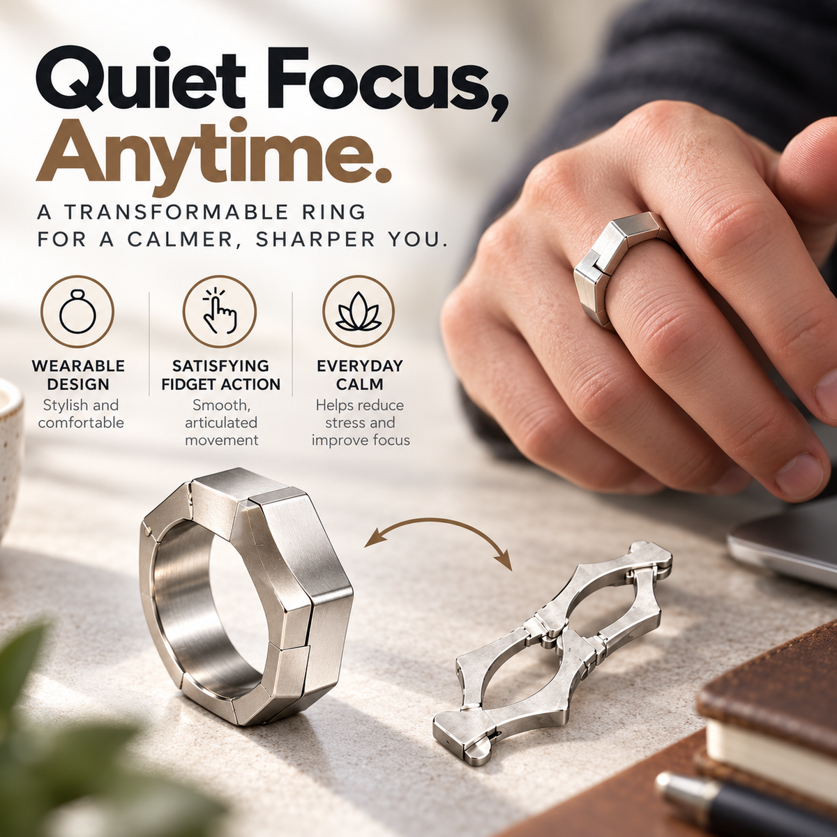 💍 Transformable Geometric Fidget Ring ✨ Wear It, Open It & Fidget Anywhere
