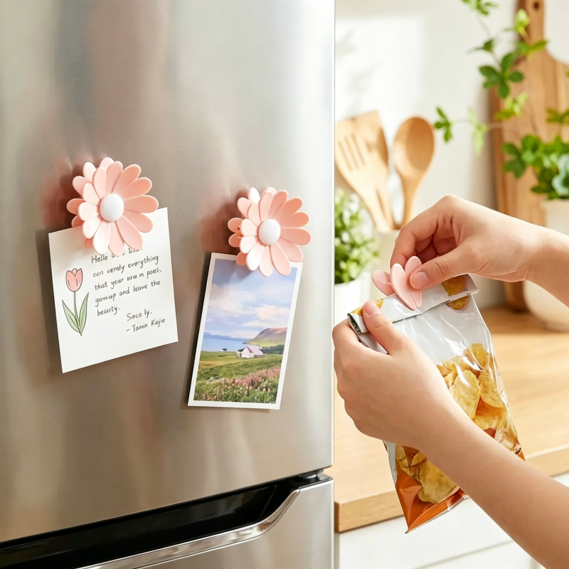 Cherry Blossom Fridge Magnetic Bag Clips Set  6 Food Sealing Clips with 1 Magnetic Daisy Base