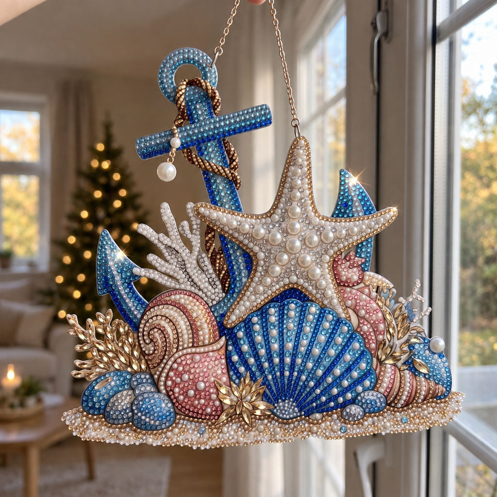 Coastal Seashell Anchor Diamond Art Ornament Kit – Sparkling DIY Christmas Window Decor