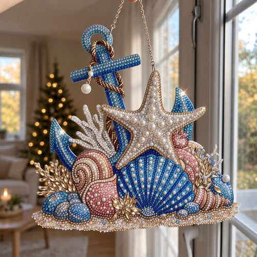 Coastal Seashell Anchor Diamond Art Ornament Kit – Sparkling DIY Christmas Window Decor