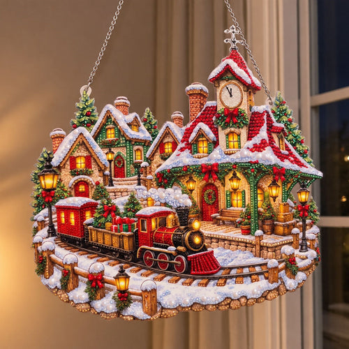 Christmas Village Train Diamond Art Ornament Kit – Sparkling DIY Winter Window Ornament