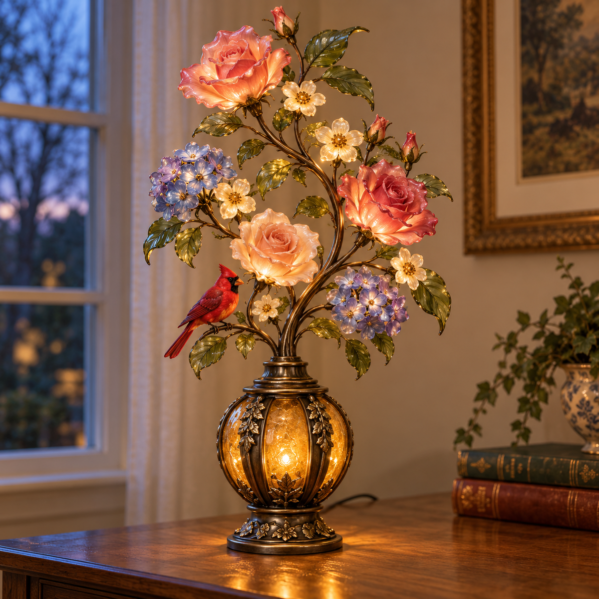 🌹The Secret Garden – Vintage Rose & Cardinal Table Lamp 🐦